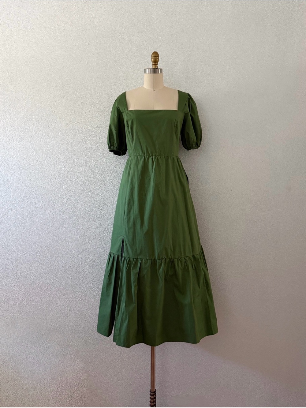 Olive Green Puff-Sleeve Midi Dress - Picture 3 of 8